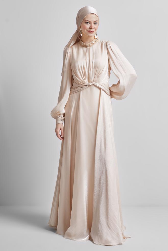 Tesettür giyim BEJ TAŞ DETAYLI ABİYE ELBİSE 50518 - ALVİNA