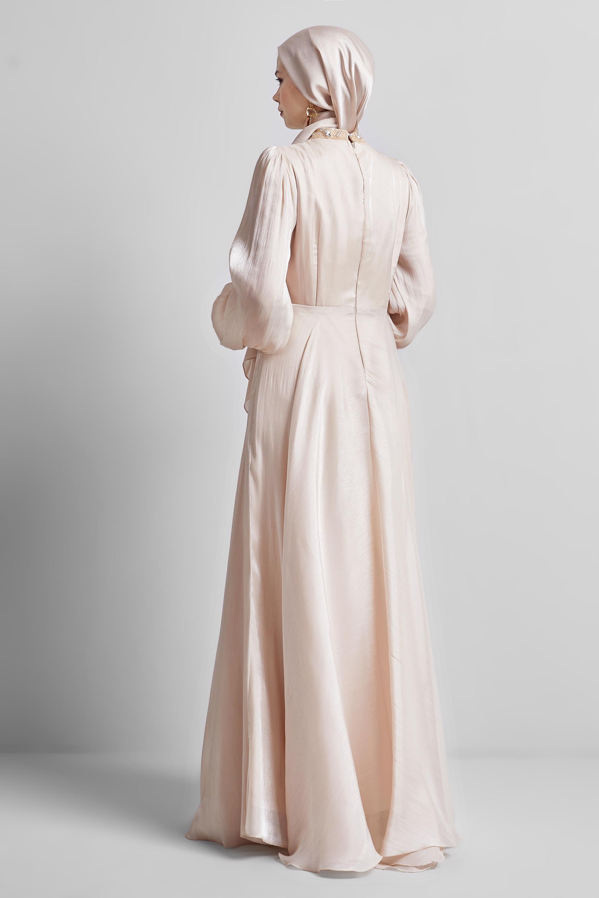 Tesettür giyim BEJ TAŞ DETAYLI ABİYE ELBİSE 50518