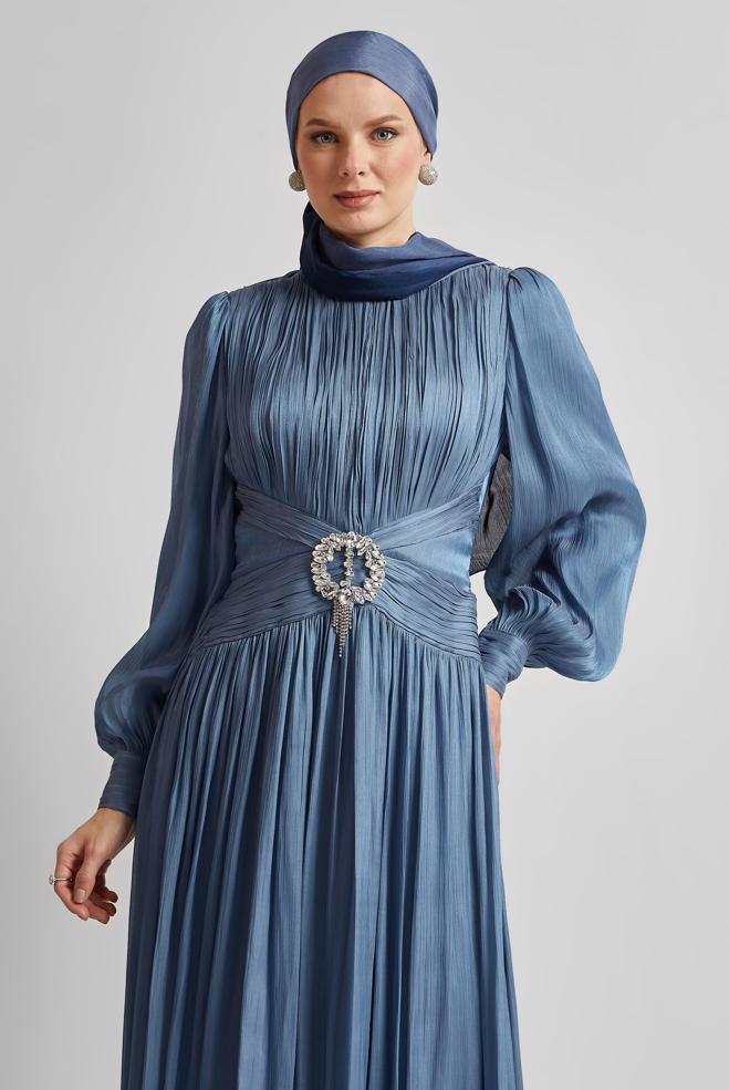 Tesettür giyim LACİVERT KUŞAKLI ABİYE ELBİSE 50519 - ALVİNA