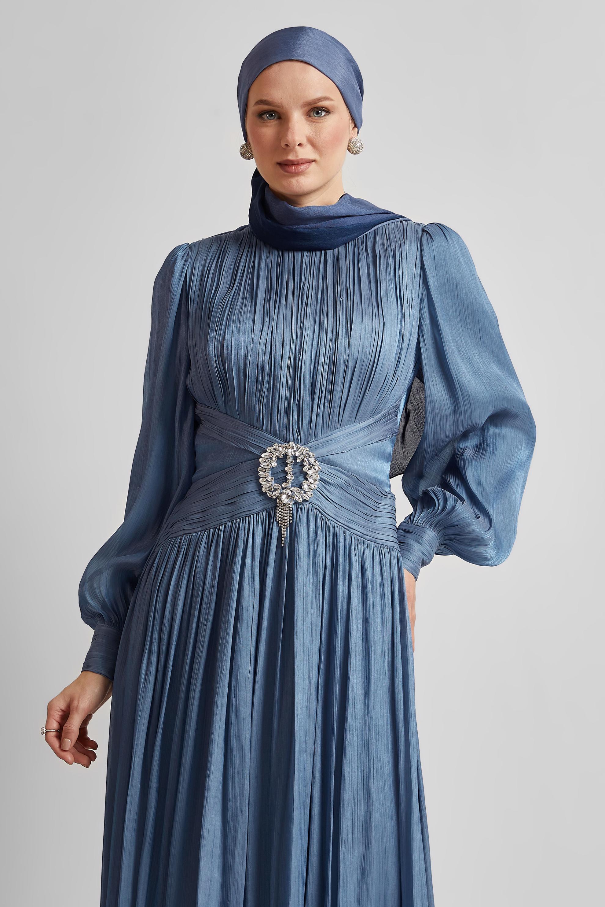 Tesettür giyim LACİVERT KUŞAKLI ABİYE ELBİSE 50519