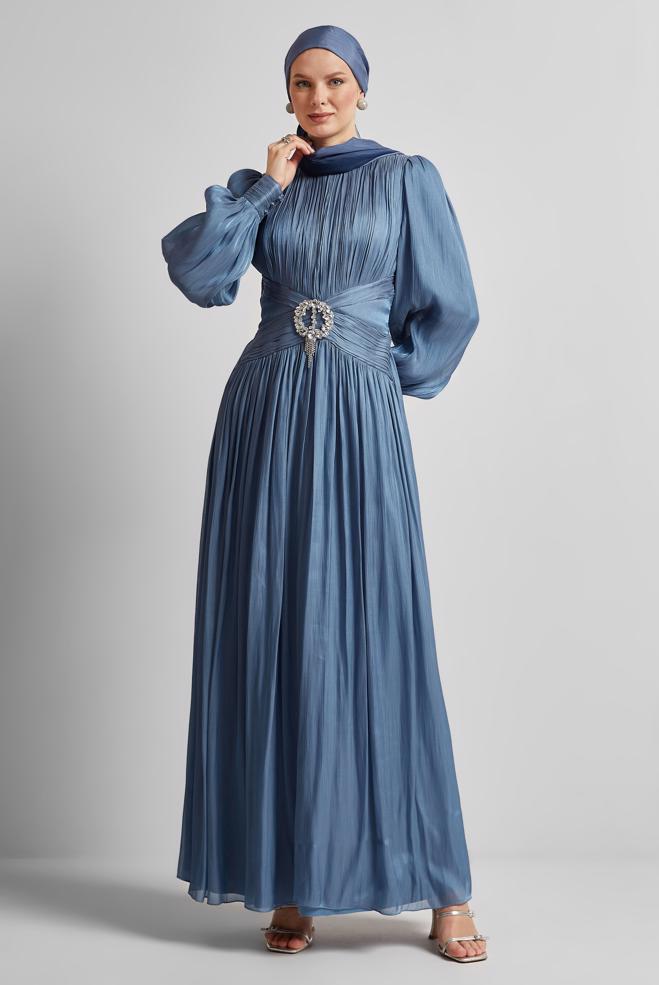Tesettür giyim LACİVERT KUŞAKLI ABİYE ELBİSE 50519 - ALVİNA