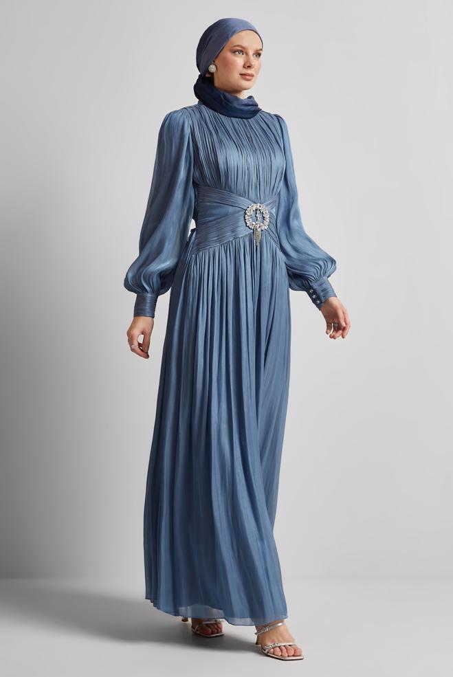 Tesettür giyim LACİVERT KUŞAKLI ABİYE ELBİSE 50519 - ALVİNA