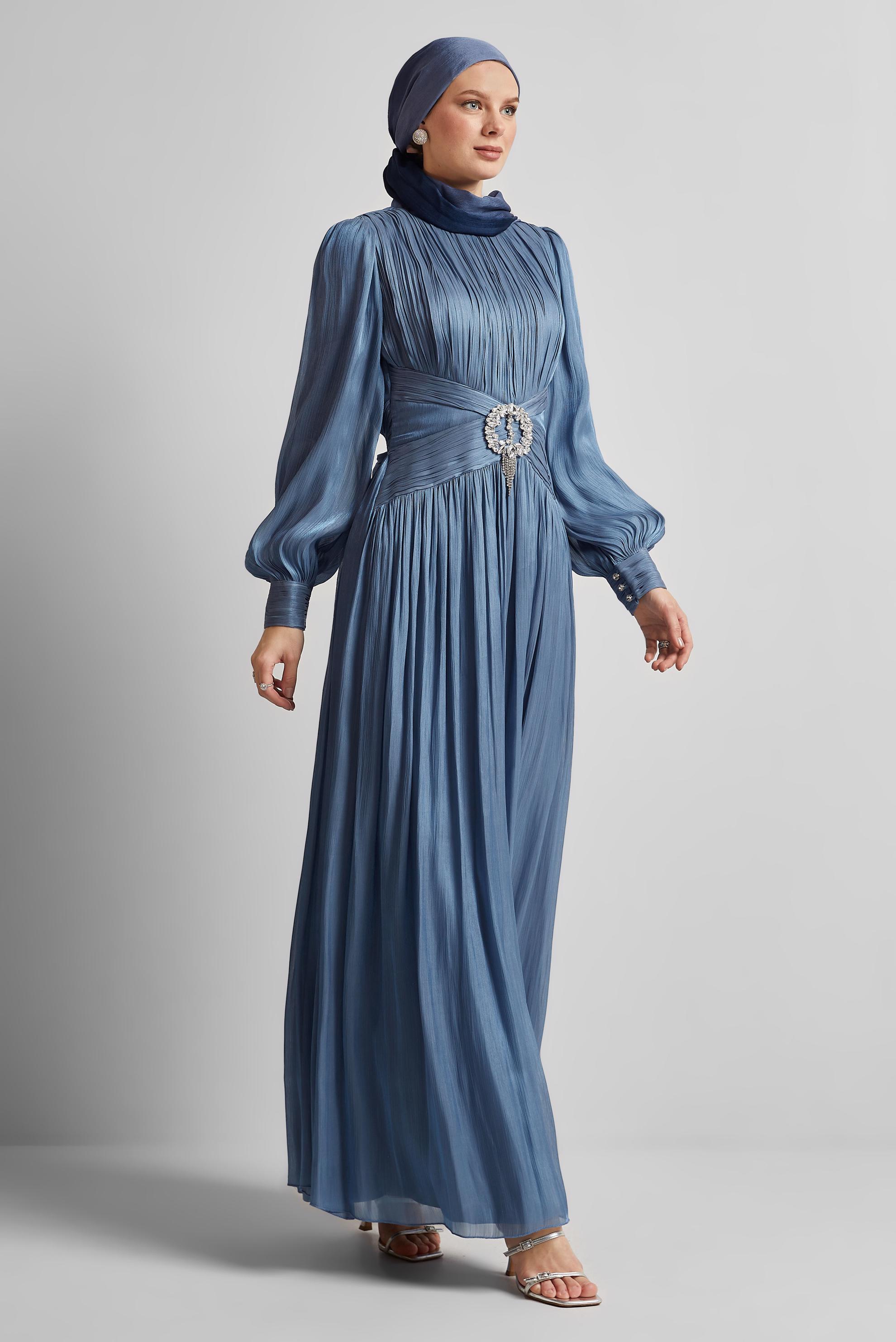 Tesettür giyim LACİVERT KUŞAKLI ABİYE ELBİSE 50519