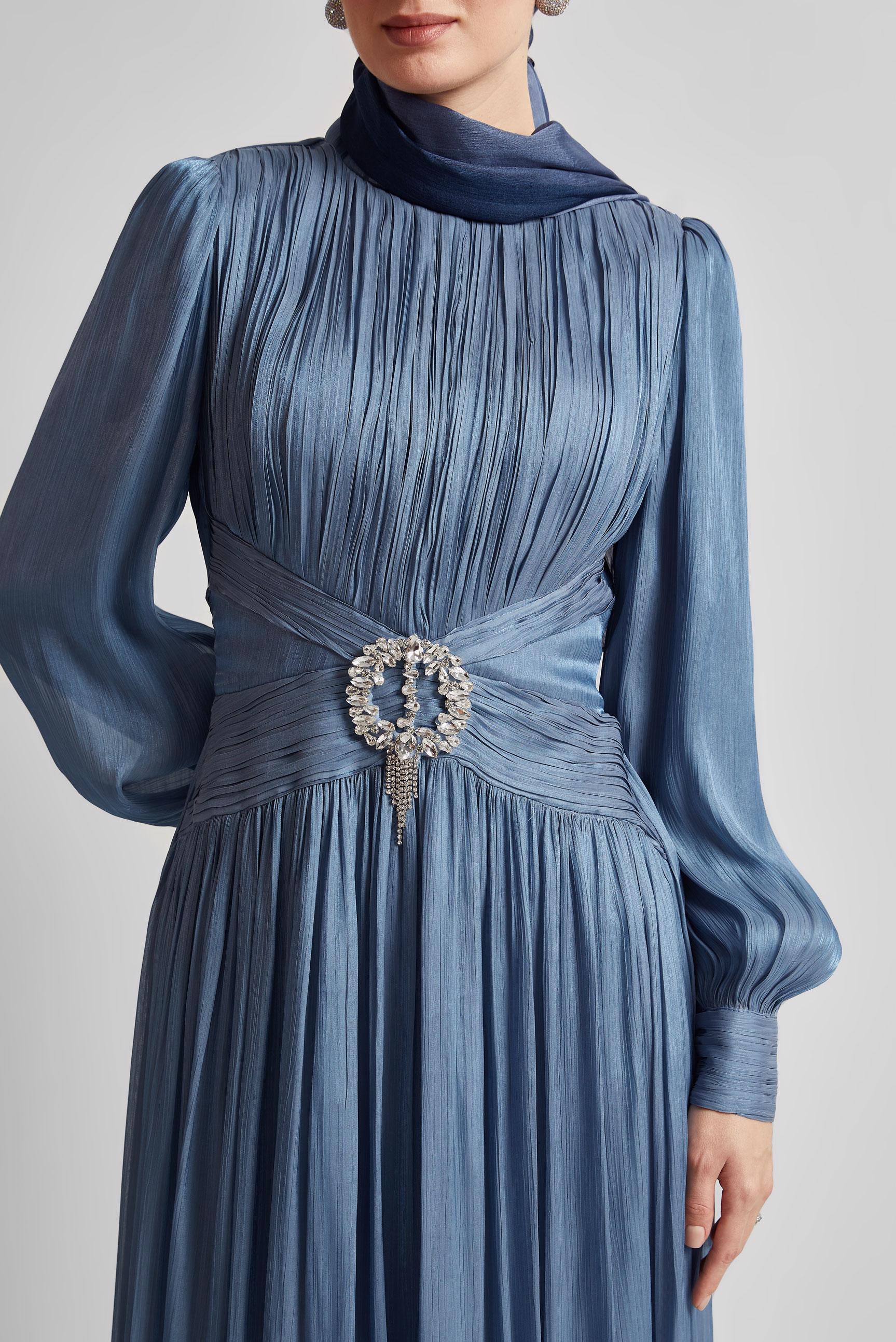 Tesettür giyim LACİVERT KUŞAKLI ABİYE ELBİSE 50519