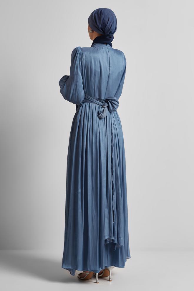 Tesettür giyim LACİVERT KUŞAKLI ABİYE ELBİSE 50519 - ALVİNA