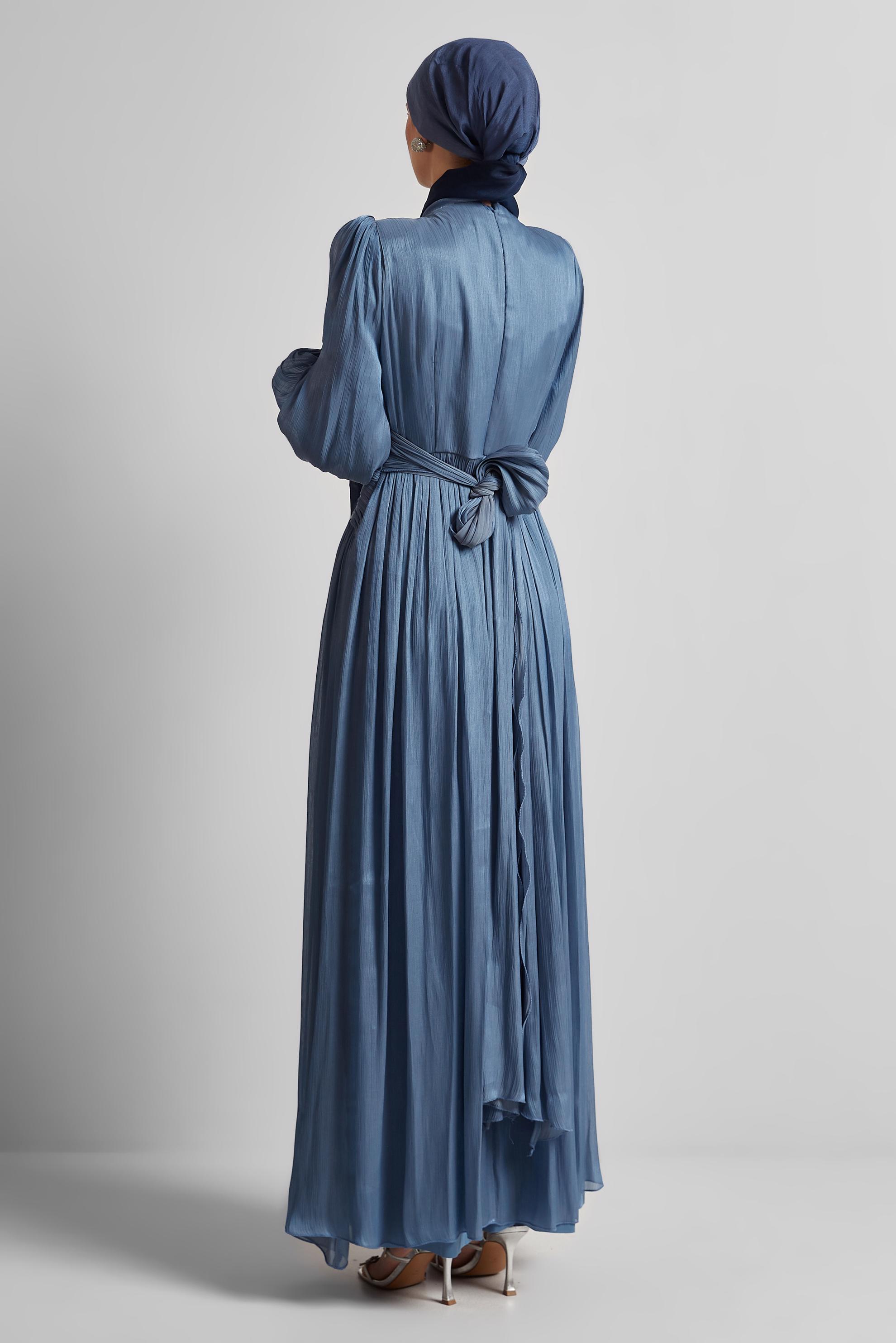 Tesettür giyim LACİVERT KUŞAKLI ABİYE ELBİSE 50519