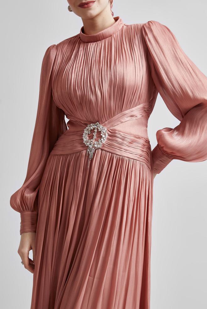 Tesettür giyim TURUNCU KUŞAKLI ABİYE ELBİSE 50519 - ALVİNA