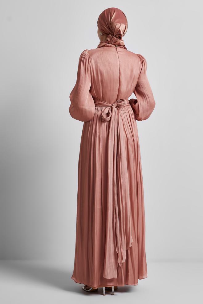 Tesettür giyim TURUNCU KUŞAKLI ABİYE ELBİSE 50519 - ALVİNA