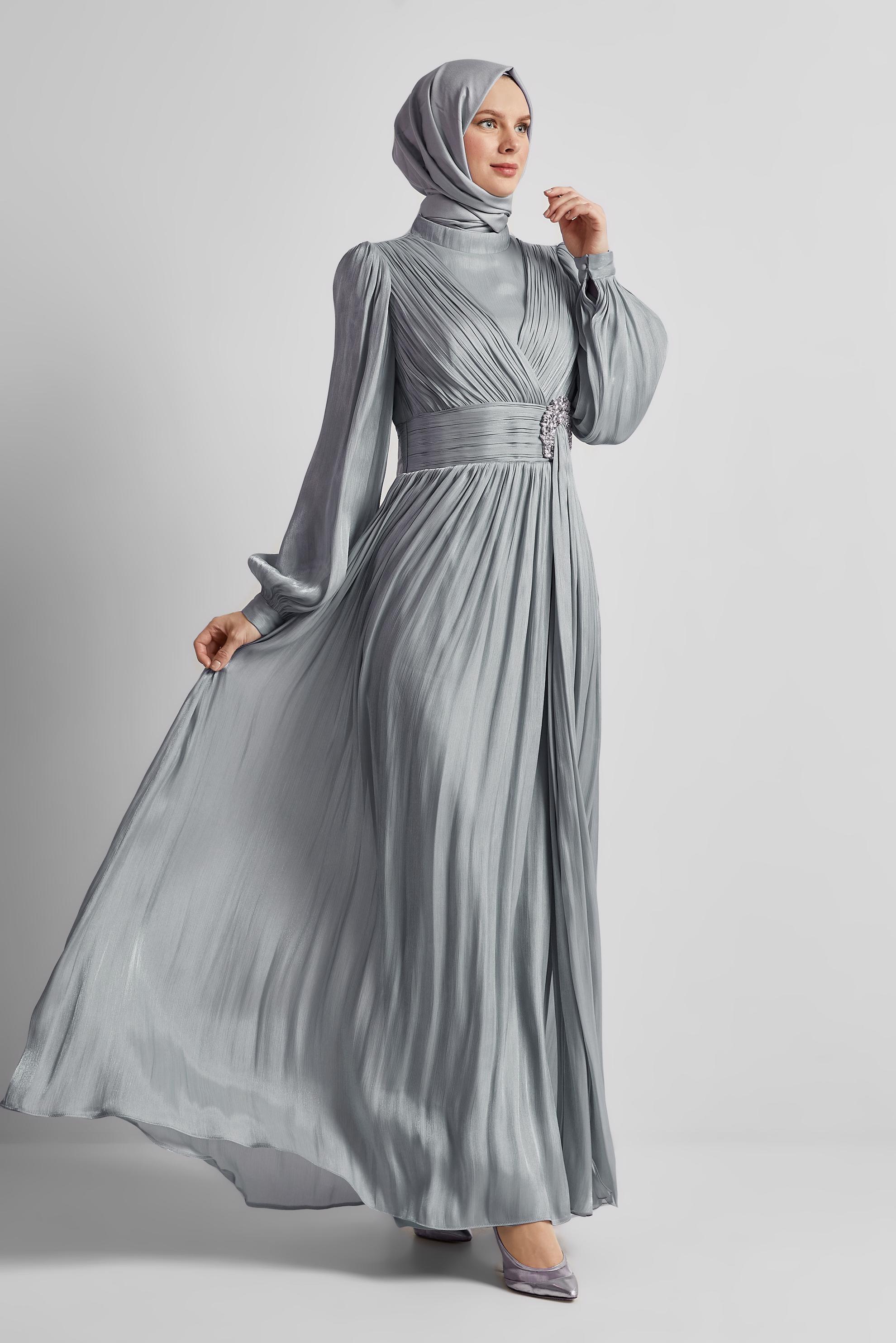 Tesettür giyim GRİ TAŞ DETAYLI ABİYE ELBİSE 50520
