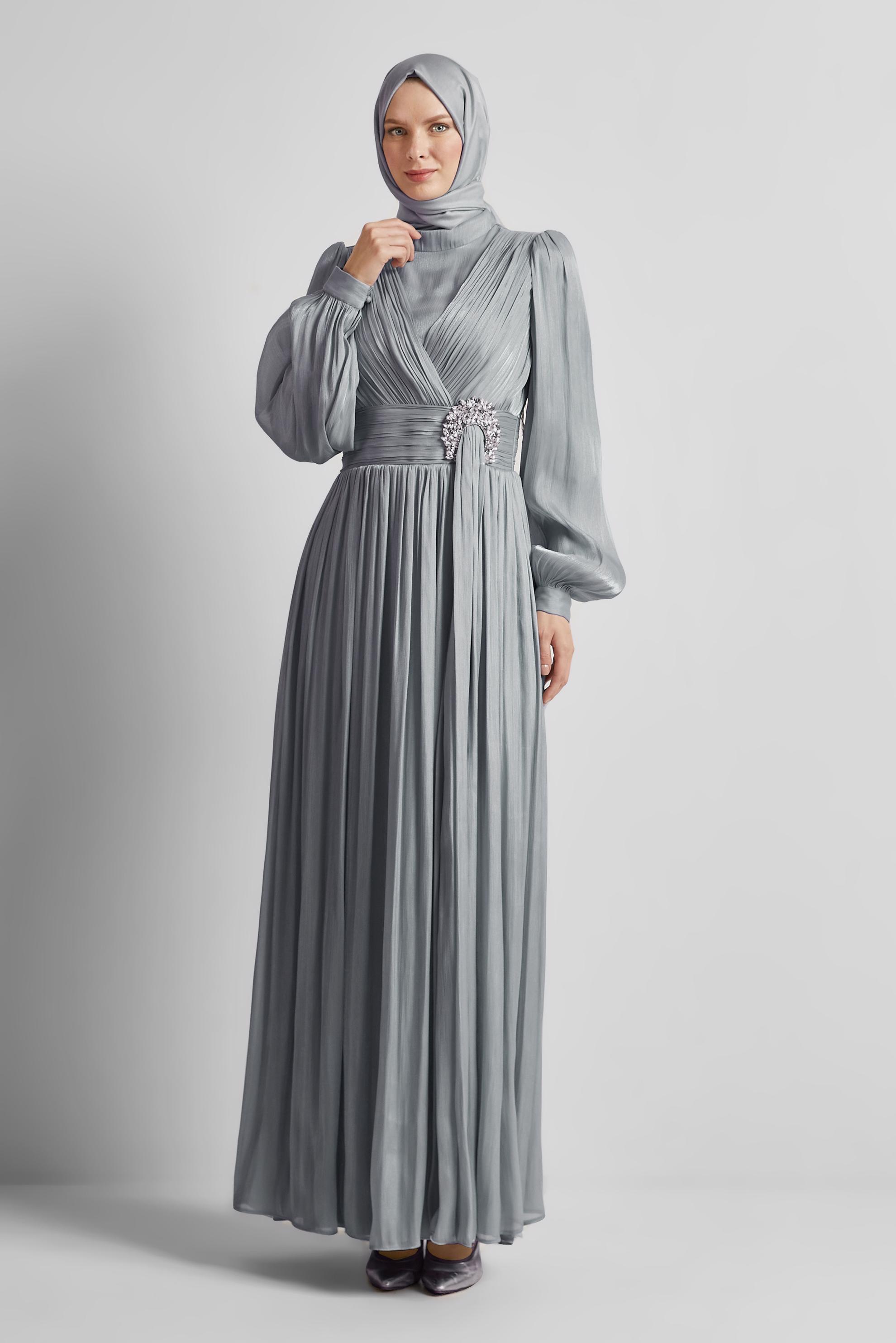 Tesettür giyim GRİ TAŞ DETAYLI ABİYE ELBİSE 50520