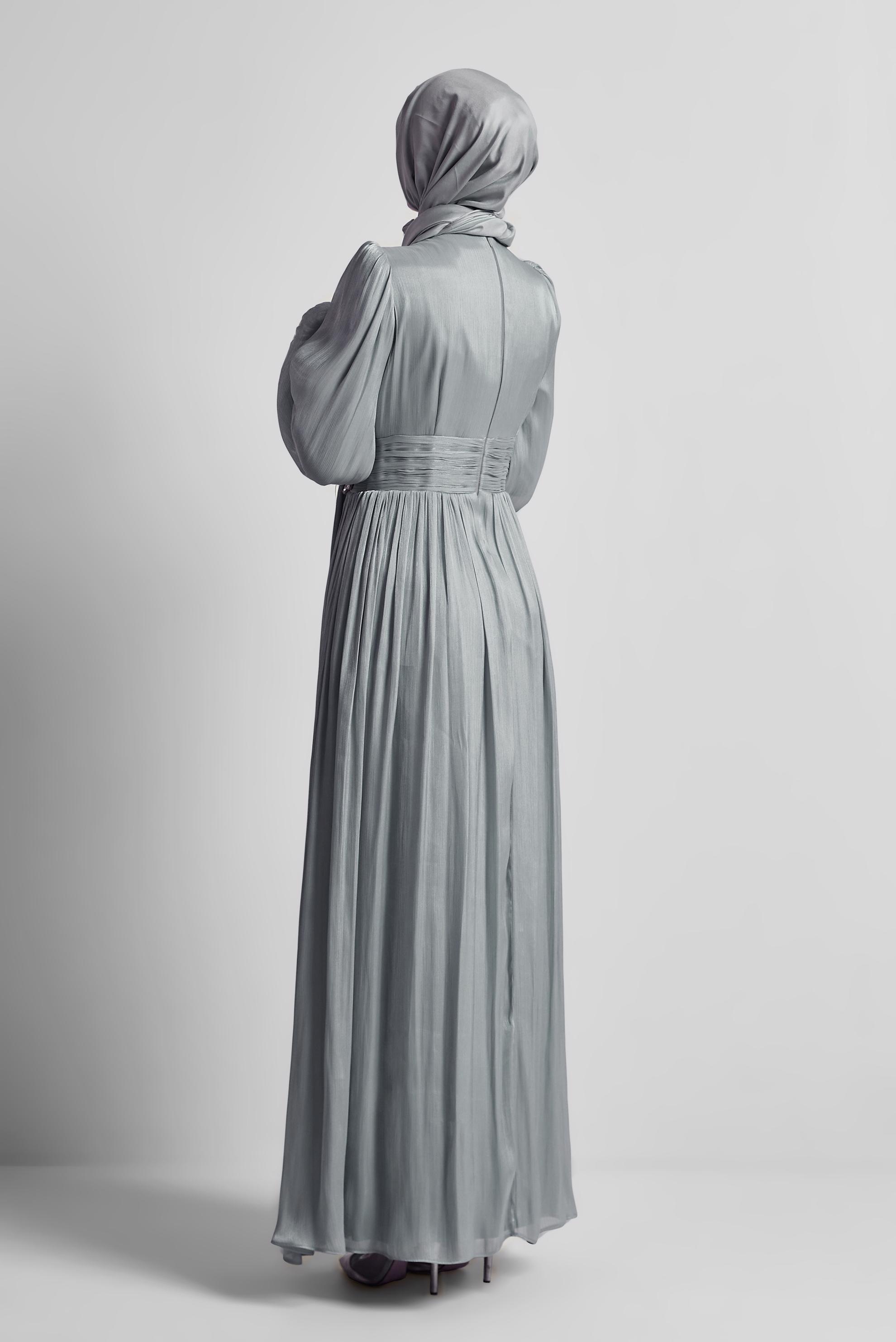 Tesettür giyim GRİ TAŞ DETAYLI ABİYE ELBİSE 50520