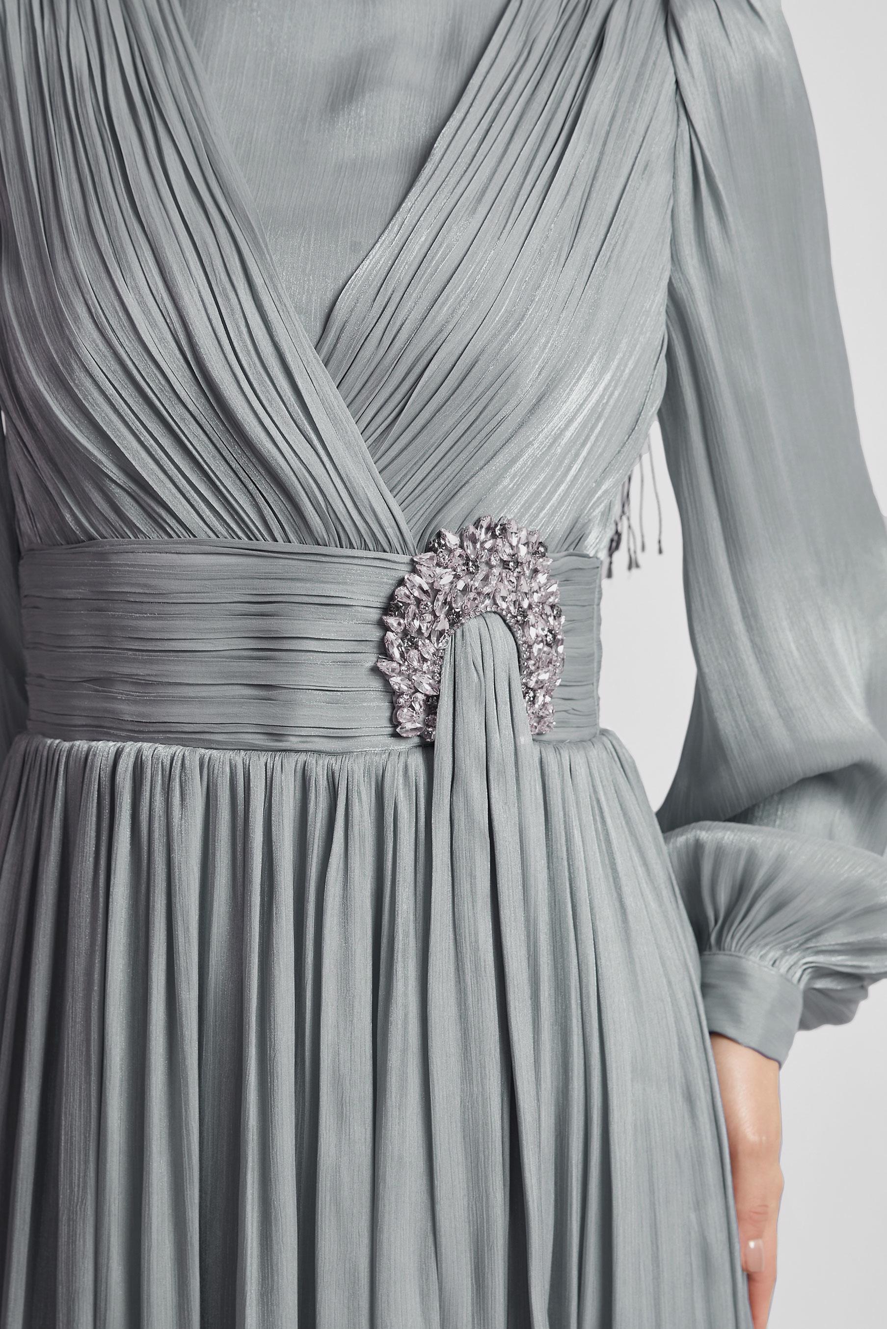 Tesettür giyim GRİ TAŞ DETAYLI ABİYE ELBİSE 50520