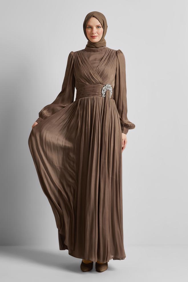 Tesettür giyim BAKIR / BRONZ TAŞ DETAYLI ABİYE ELBİSE 50520 - ALVİNA