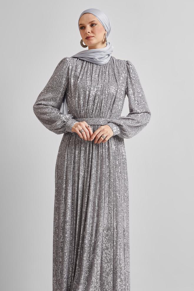 Tesettür giyim GÜMÜŞ PUL PAYETLİ ABİYE ELBİSE 50521 - ALVİNA