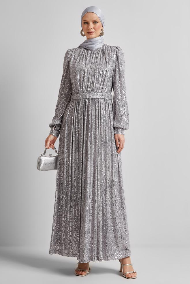 Tesettür giyim GÜMÜŞ PUL PAYETLİ ABİYE ELBİSE 50521 - ALVİNA
