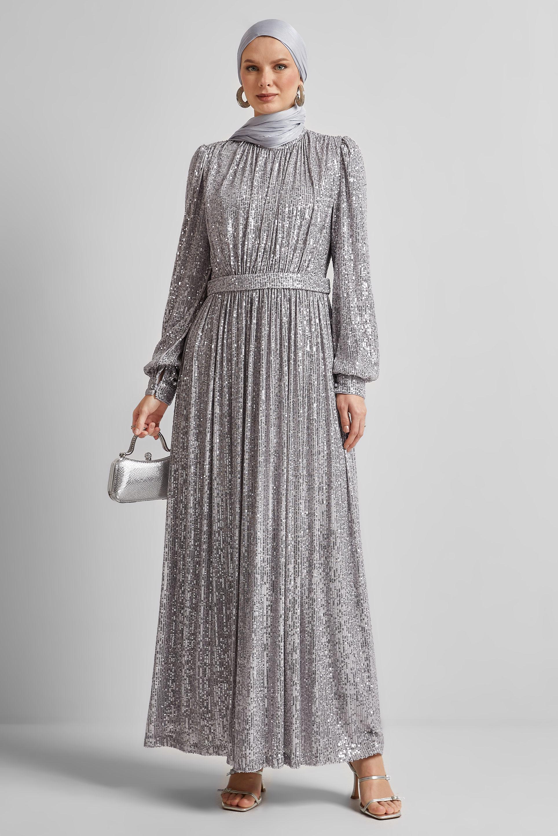 Tesettür giyim GÜMÜŞ PUL PAYETLİ ABİYE ELBİSE 50521