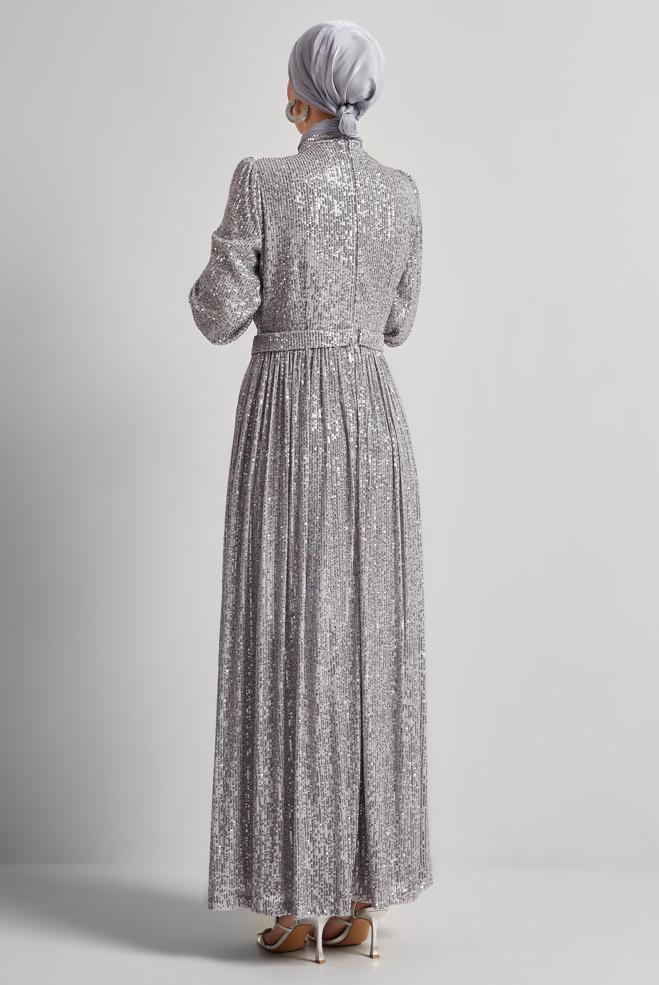 Tesettür giyim GÜMÜŞ PUL PAYETLİ ABİYE ELBİSE 50521 - ALVİNA