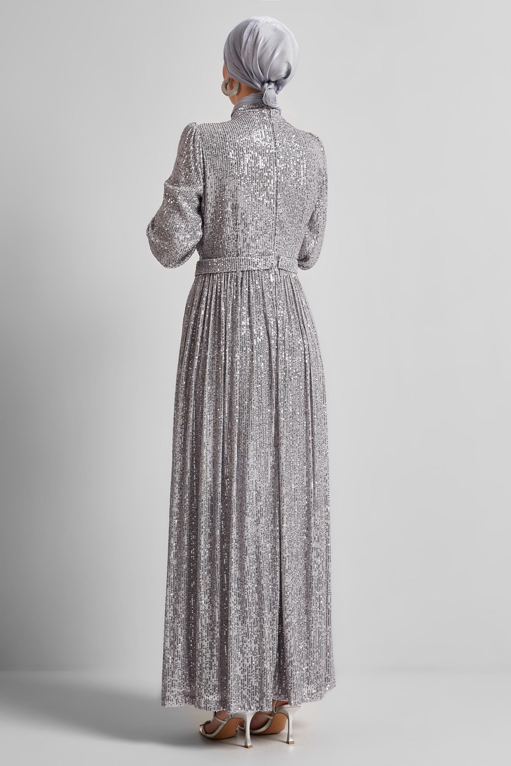 Tesettür giyim GÜMÜŞ PUL PAYETLİ ABİYE ELBİSE 50521