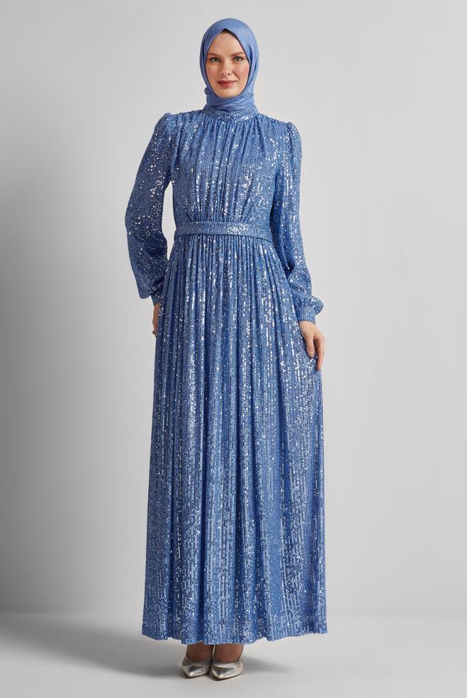 Tesettür giyim LACİVERT PUL PAYETLİ ABİYE ELBİSE 50521 - ALVİNA