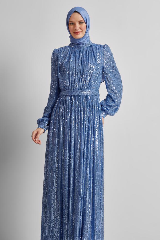 Tesettür giyim LACİVERT PUL PAYETLİ ABİYE ELBİSE 50521 - ALVİNA