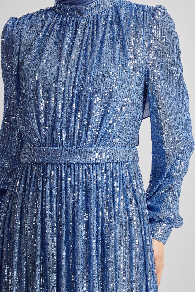 Tesettür giyim LACİVERT PUL PAYETLİ ABİYE ELBİSE 50521 - ALVİNA