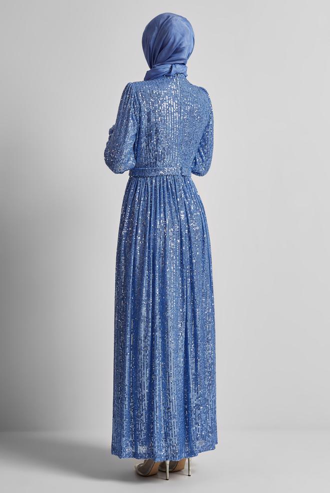 Tesettür giyim LACİVERT PUL PAYETLİ ABİYE ELBİSE 50521 - ALVİNA