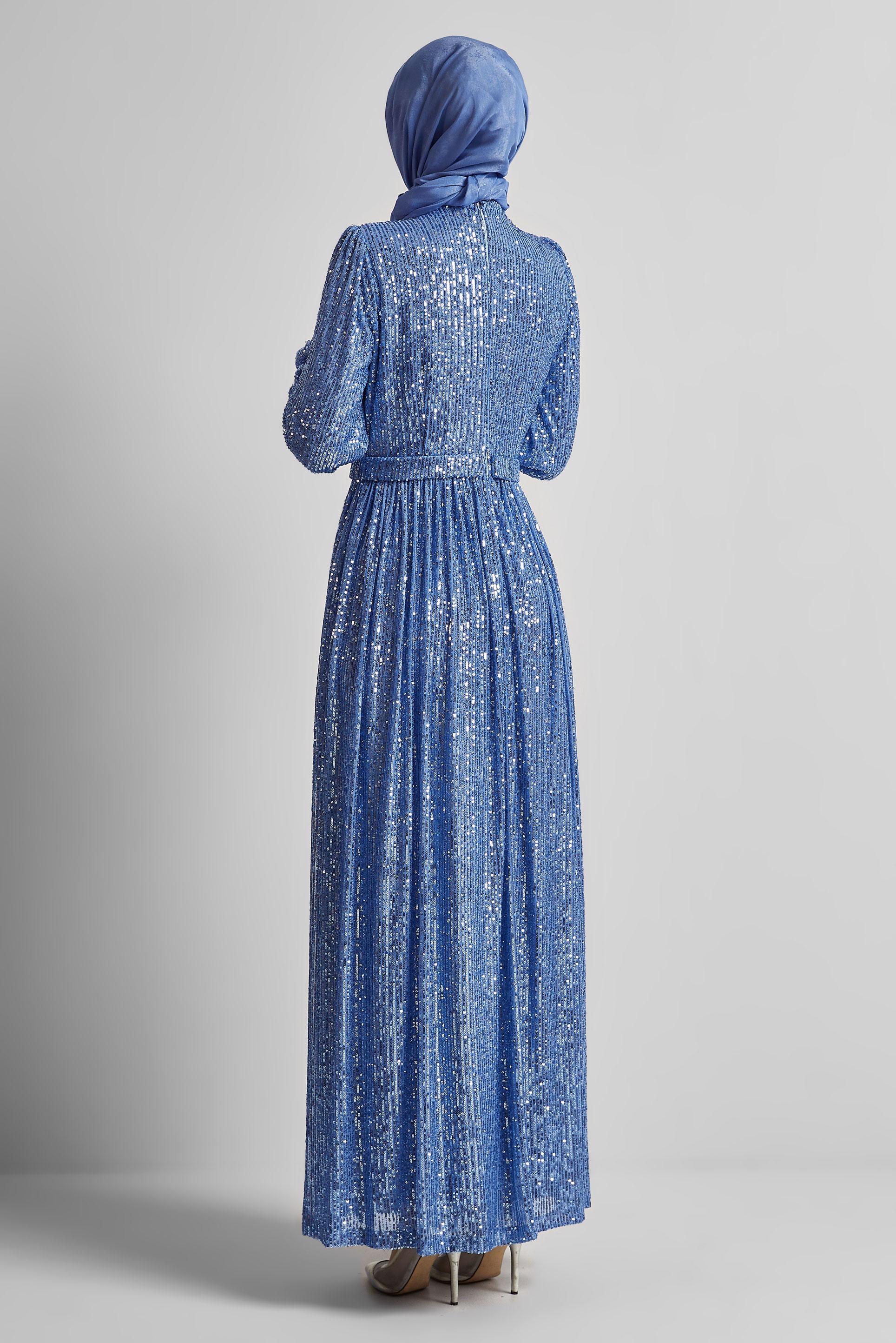 Tesettür giyim LACİVERT PUL PAYETLİ ABİYE ELBİSE 50521