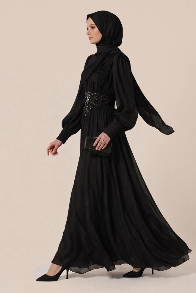 Hijab clothing BLACK 50523 LORA ABİYE ELBİSE 38-46 TEK40 - ALVİNA