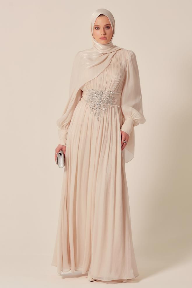 Tesettür giyim BEJ TAŞLI ABİYE ELBİSE 50523 - ALVİNA