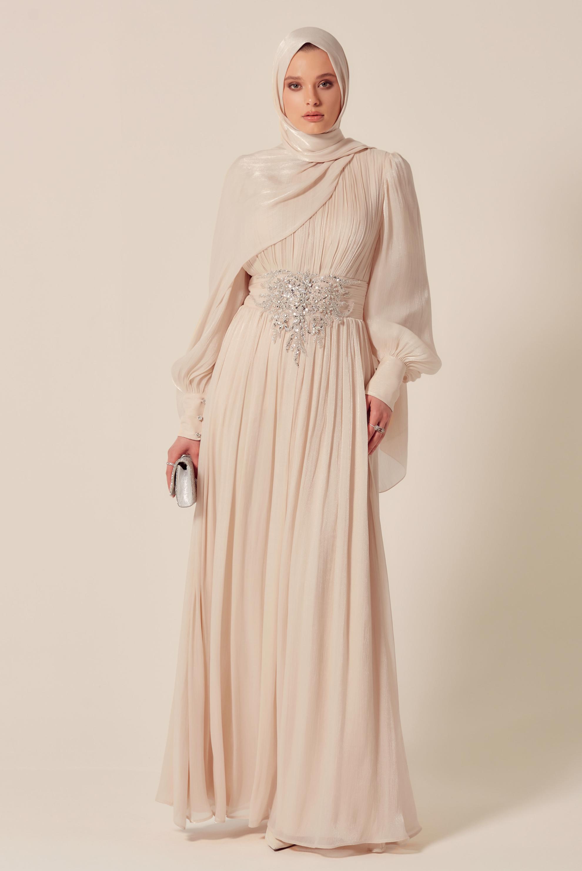 Tesettür giyim BEJ TAŞLI ABİYE ELBİSE 50523