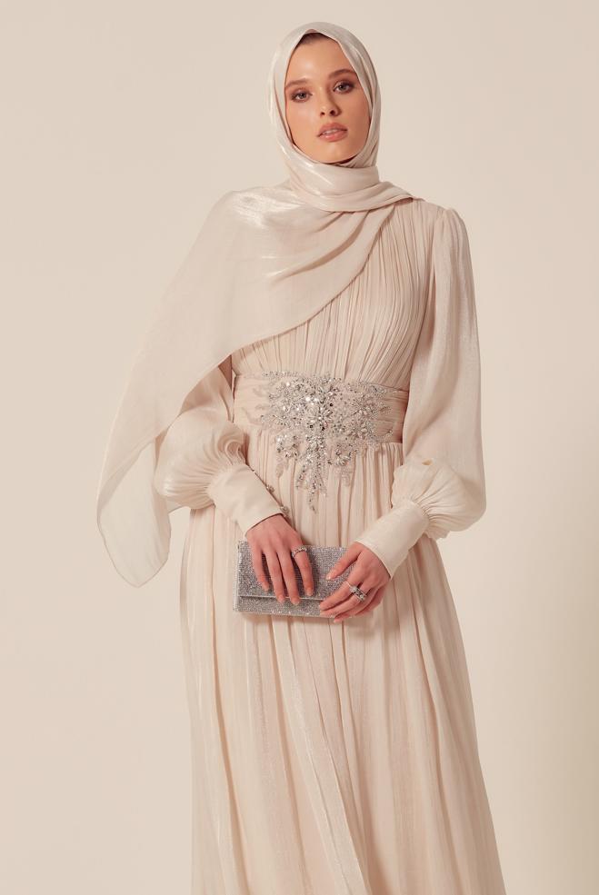 Tesettür giyim BEJ TAŞLI ABİYE ELBİSE 50523 - ALVİNA