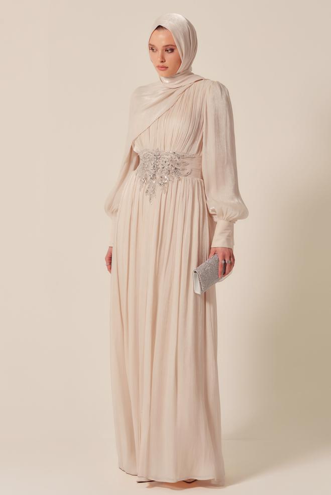 Tesettür giyim BEJ TAŞLI ABİYE ELBİSE 50523 - ALVİNA
