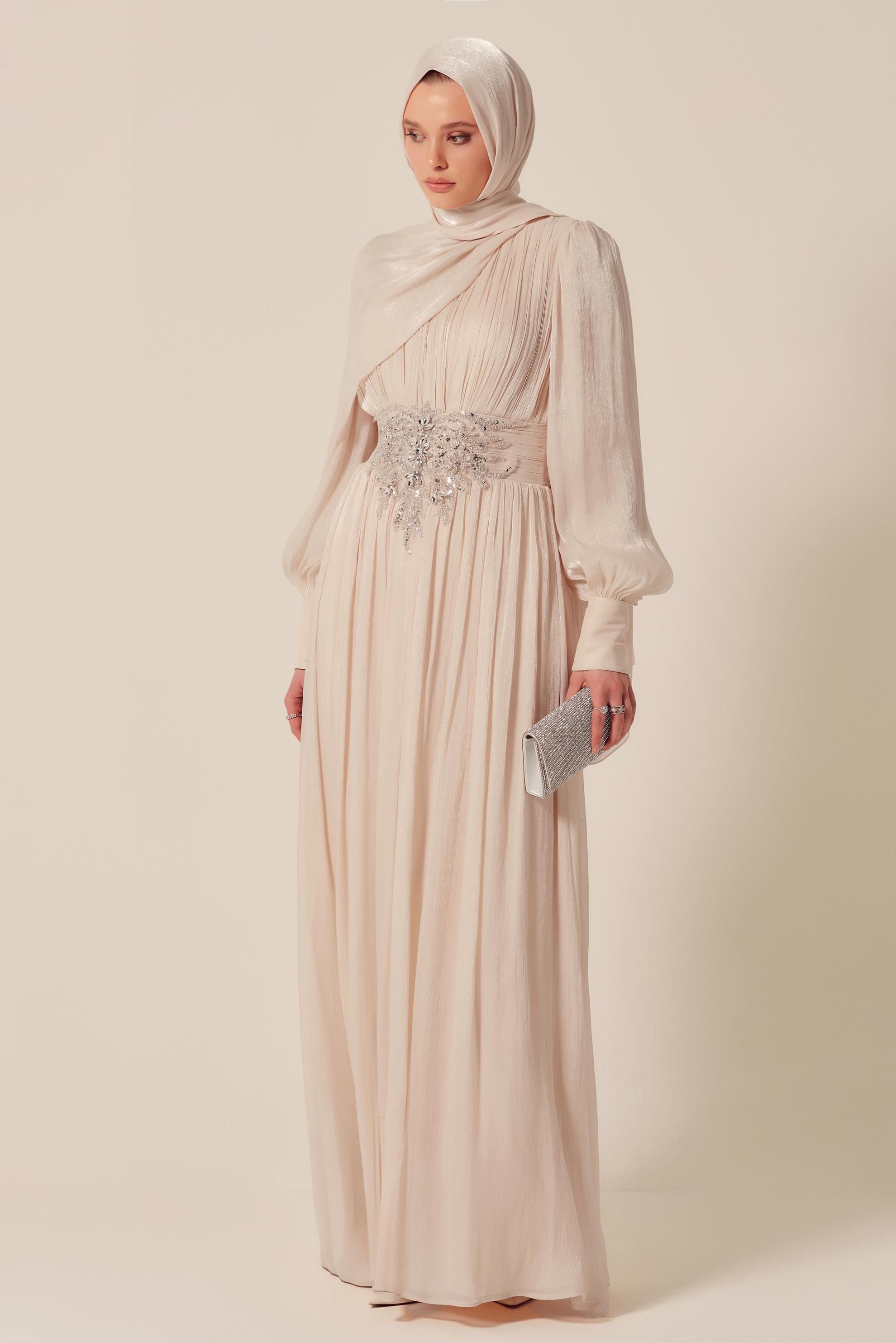 Tesettür giyim BEJ TAŞLI ABİYE ELBİSE 50523