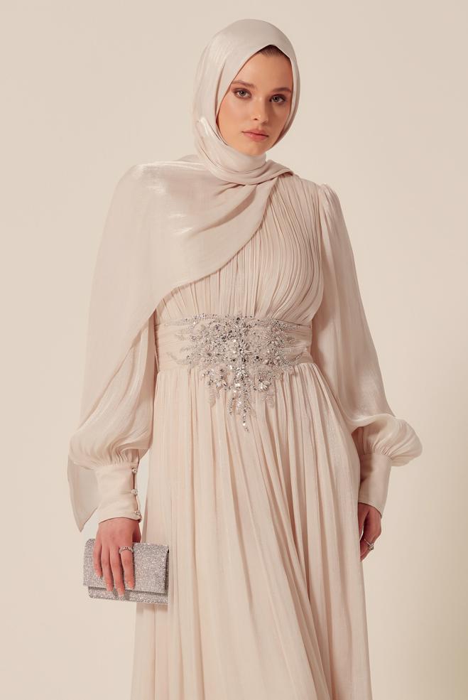 Tesettür giyim BEJ TAŞLI ABİYE ELBİSE 50523 - ALVİNA