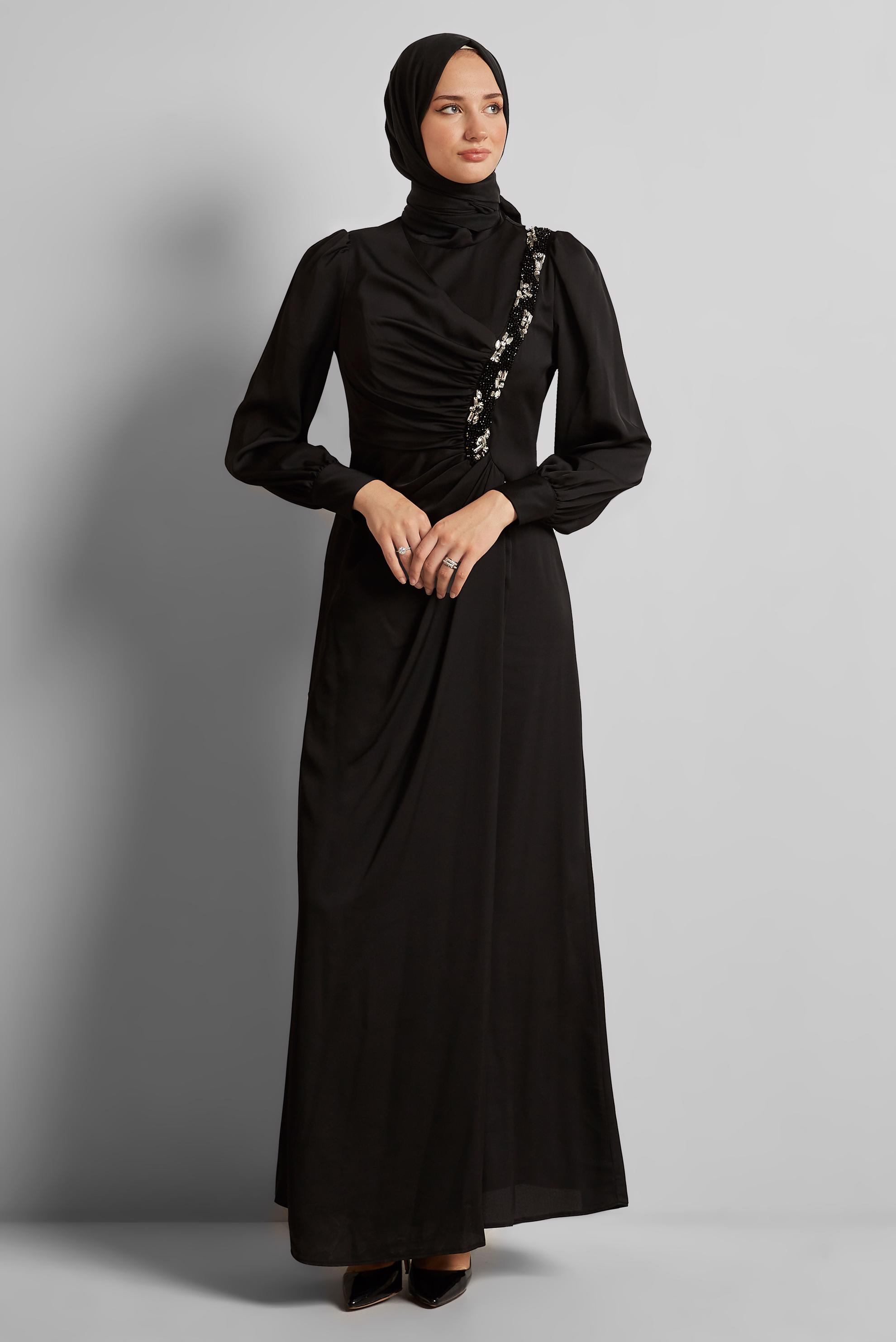 Tesettür giyim SİYAH TAŞLI SATEN ABİYE ELBİSE 50524