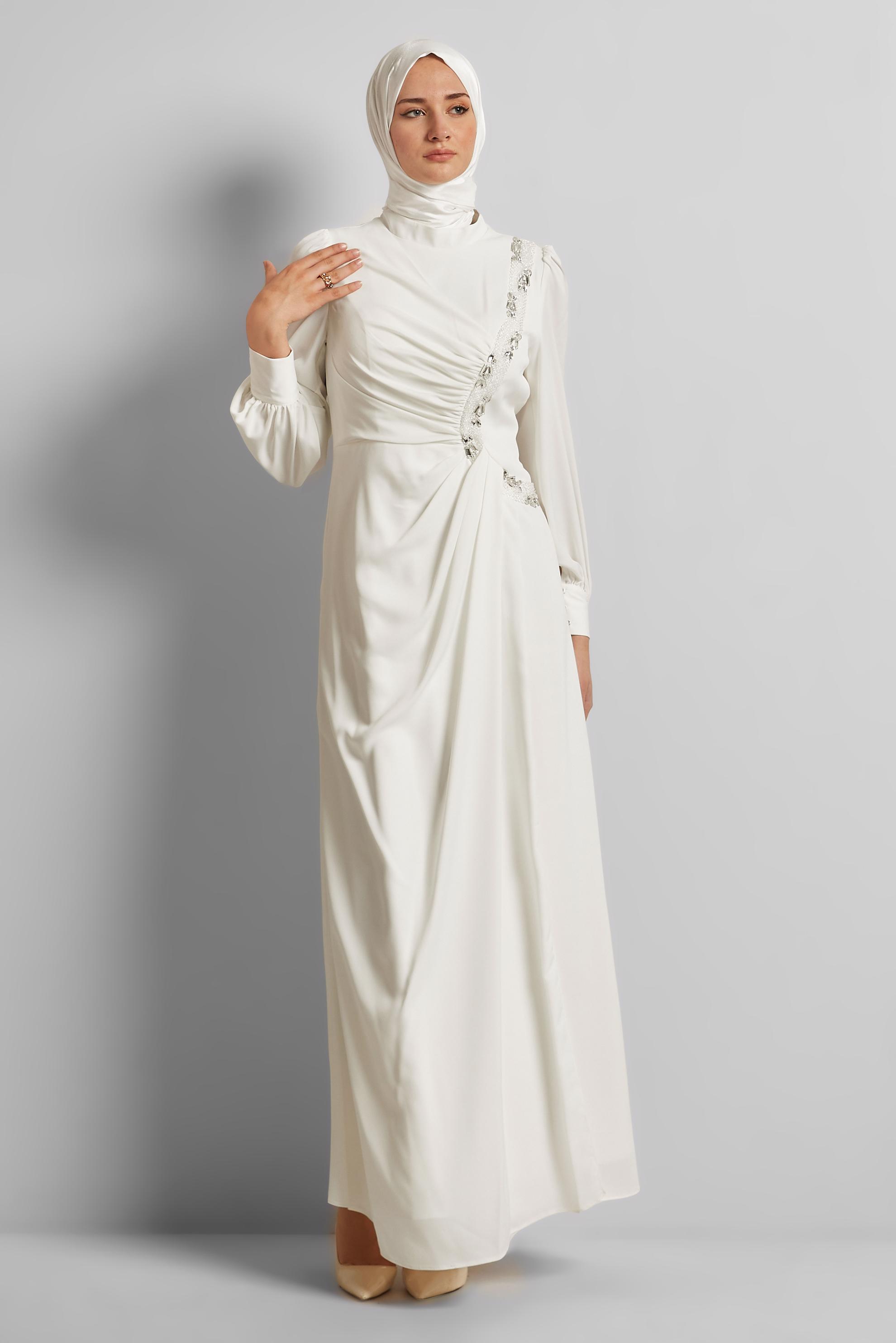 Tesettür giyim BEYAZ TAŞLI SATEN ABİYE ELBİSE 50524