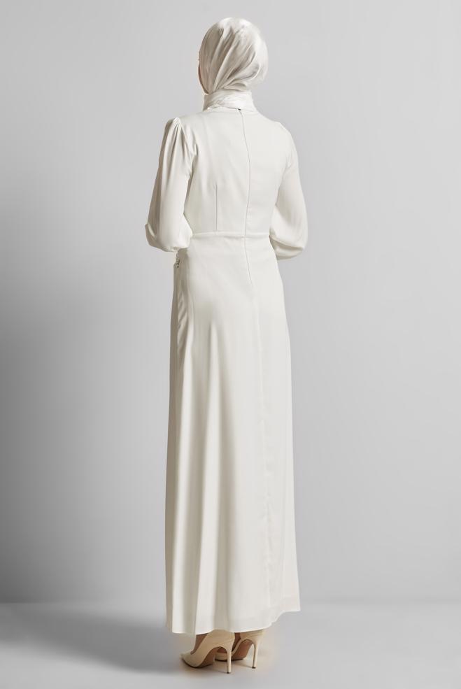 Tesettür giyim BEYAZ TAŞLI SATEN ABİYE ELBİSE 50524 - ALVİNA