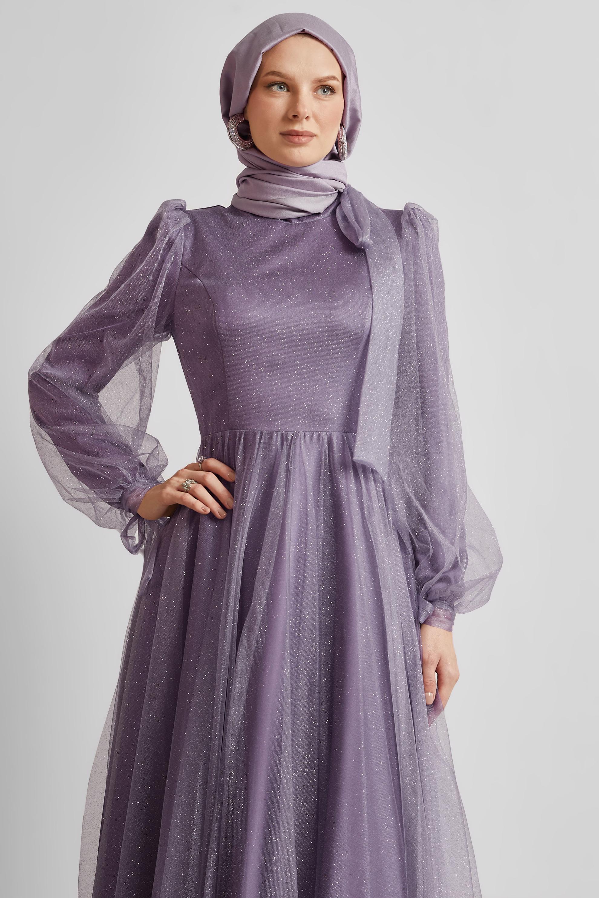 Hijab clothing PURPLE GLITTER TULLE EVENING DRESS 50525