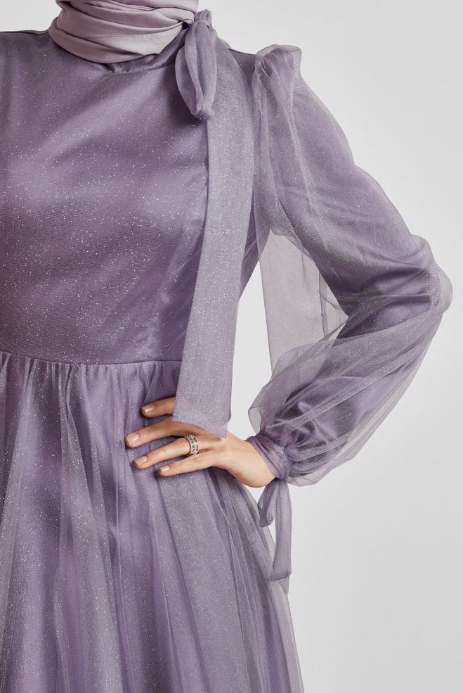 Tesettür giyim MOR SİMLİ TÜL ABİYE ELBİSE 50525 - ALVİNA