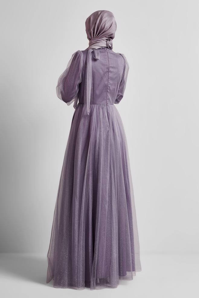 Tesettür giyim MOR SİMLİ TÜL ABİYE ELBİSE 50525 - ALVİNA