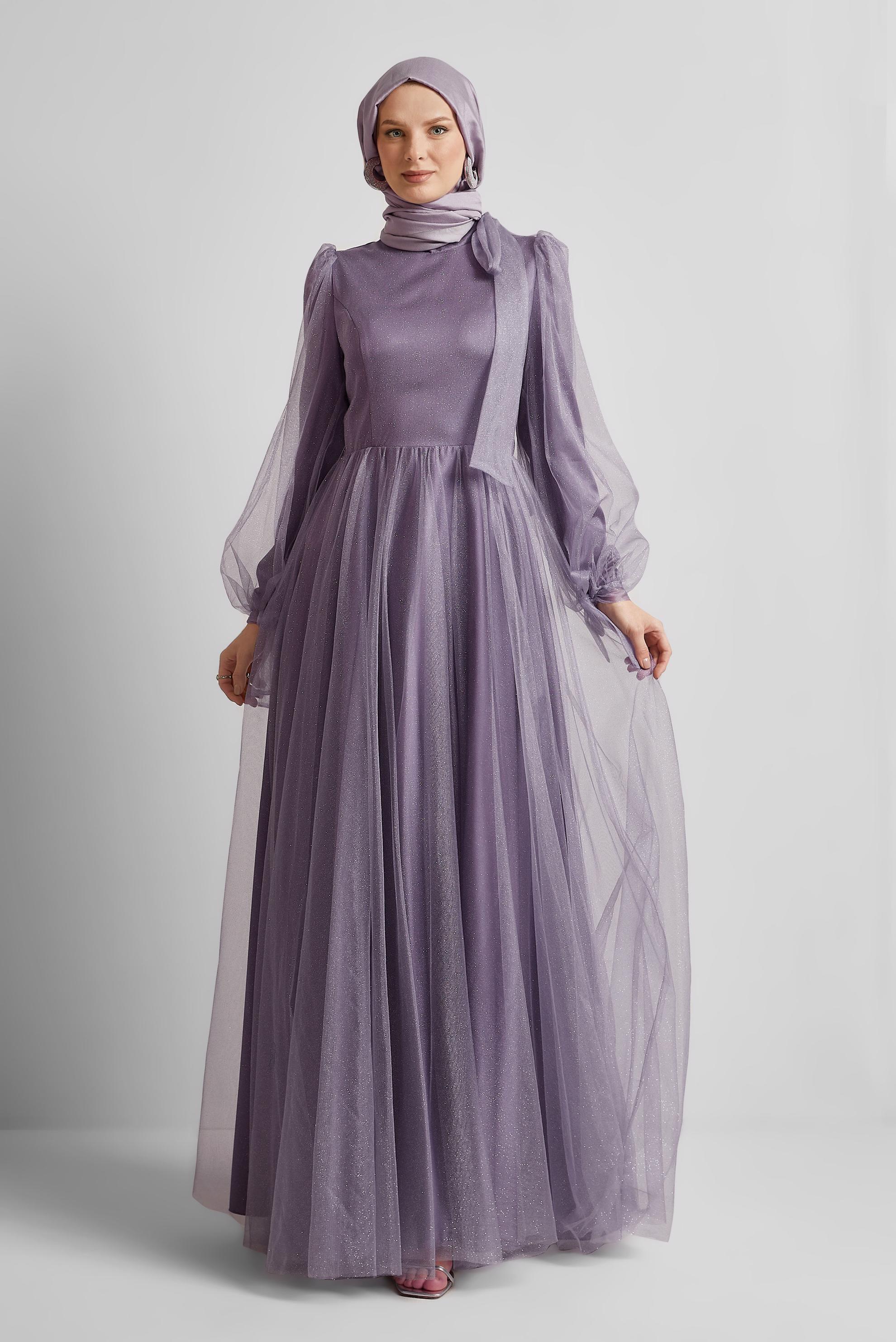 Hijab clothing PURPLE GLITTER TULLE EVENING DRESS 50525