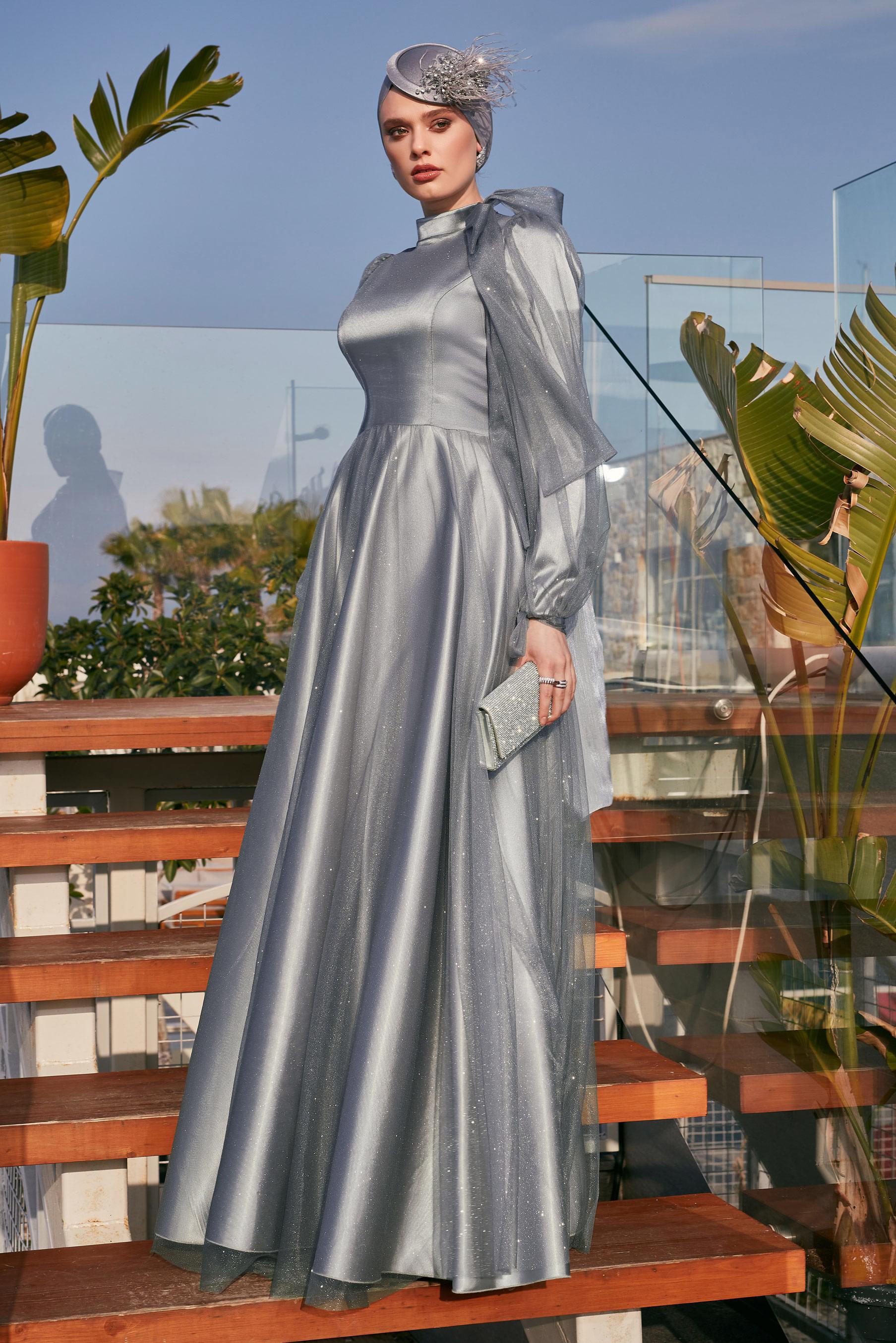 Tesettür giyim GRİ SİMLİ TÜL ABİYE ELBİSE 50525