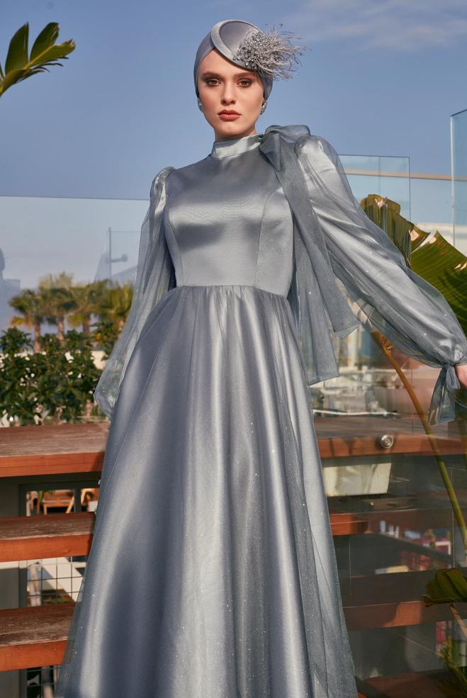 Tesettür giyim GRİ SİMLİ TÜL ABİYE ELBİSE 50525 - ALVİNA