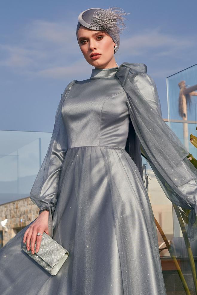 Tesettür giyim GRİ SİMLİ TÜL ABİYE ELBİSE 50525 - ALVİNA