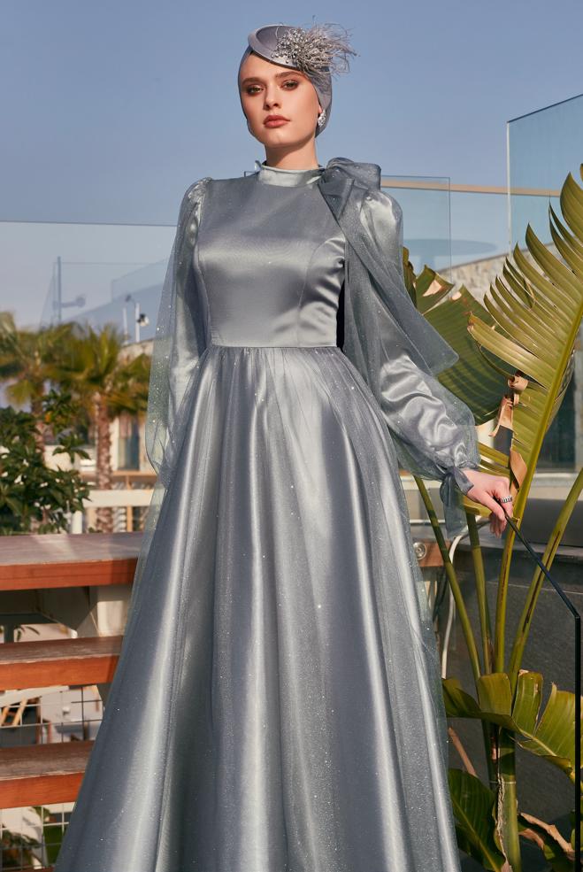 Tesettür giyim GRİ SİMLİ TÜL ABİYE ELBİSE 50525 - ALVİNA