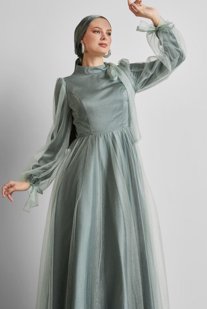 Tesettür giyim YEŞİL SİMLİ TÜL ABİYE ELBİSE 50525 - ALVİNA