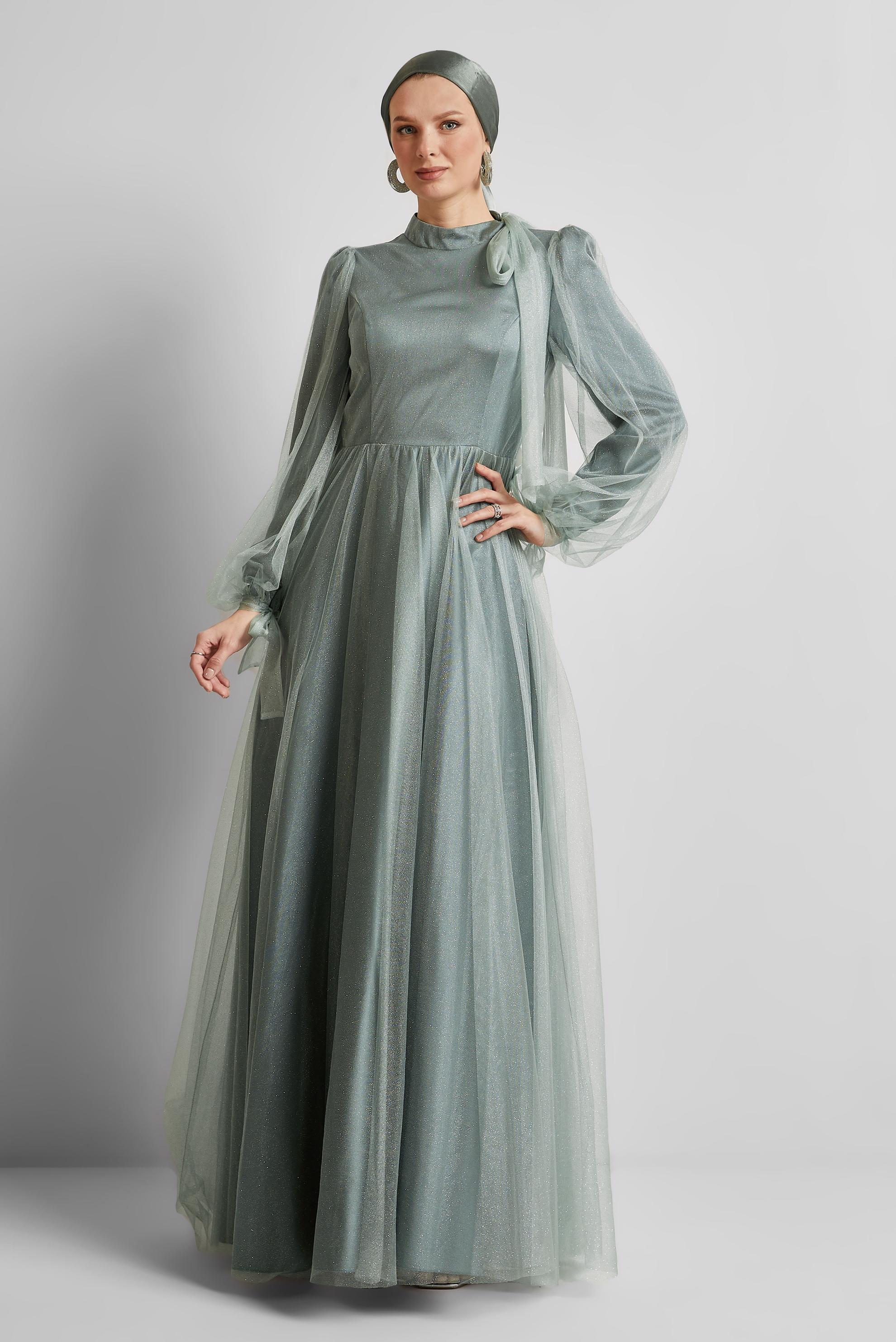Hijab clothing GREEN GLITTER TULLE EVENING DRESS 50525