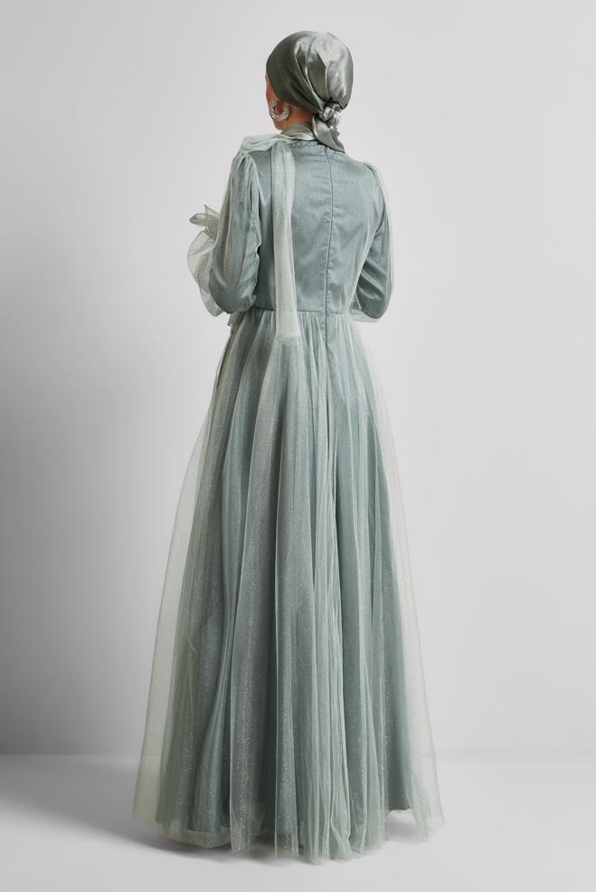 Tesettür giyim YEŞİL SİMLİ TÜL ABİYE ELBİSE 50525 - ALVİNA