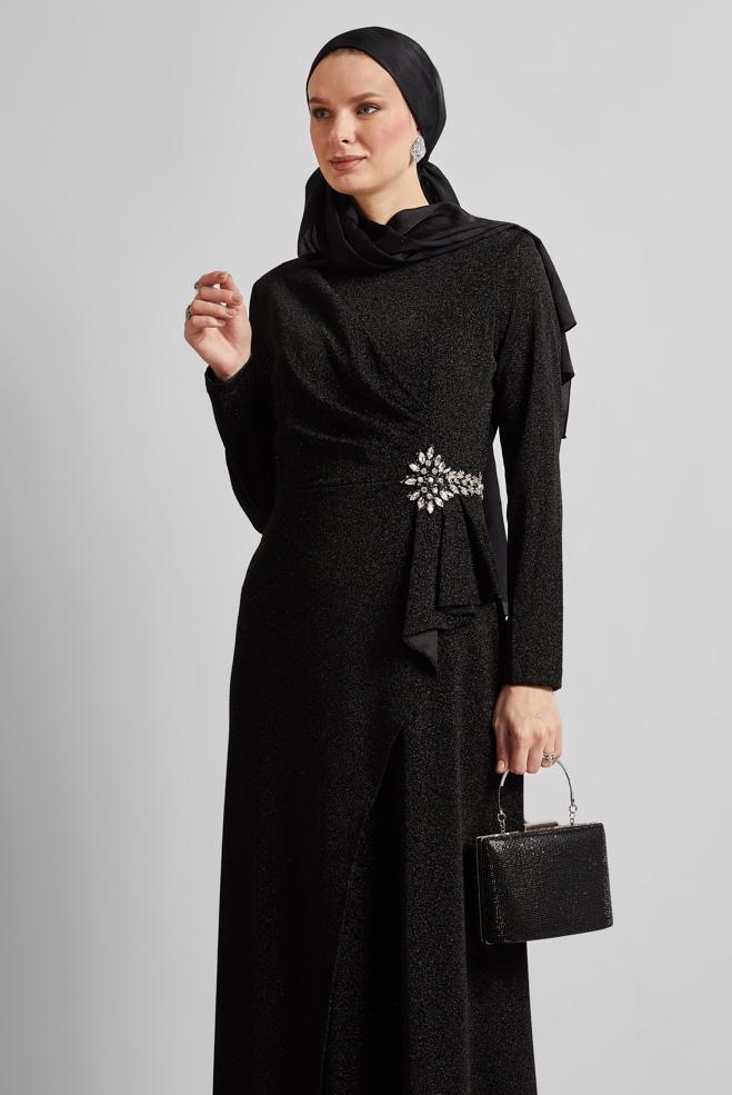Tesettür giyim SİYAH SİMLİ ABİYE ELBİSE 50526 - ALVİNA