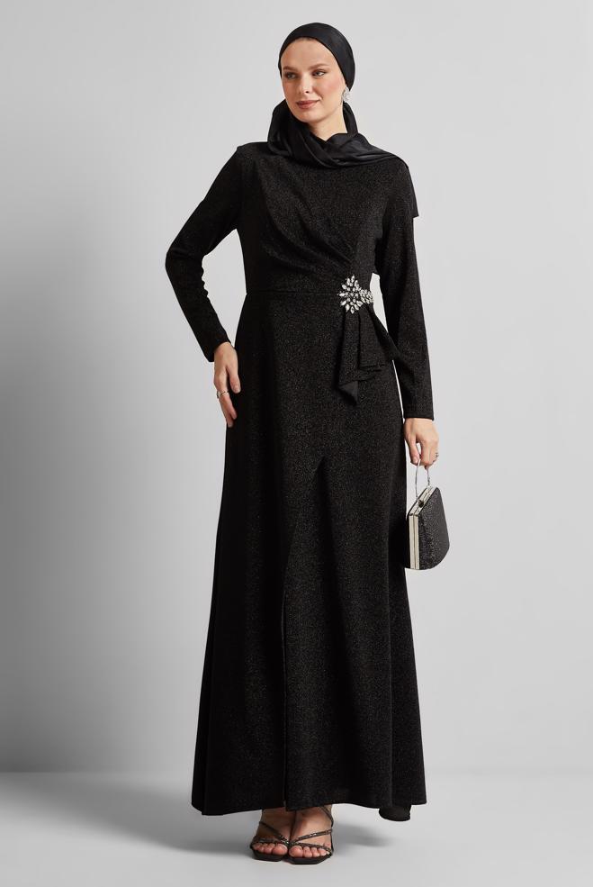 Tesettür giyim SİYAH SİMLİ ABİYE ELBİSE 50526 - ALVİNA